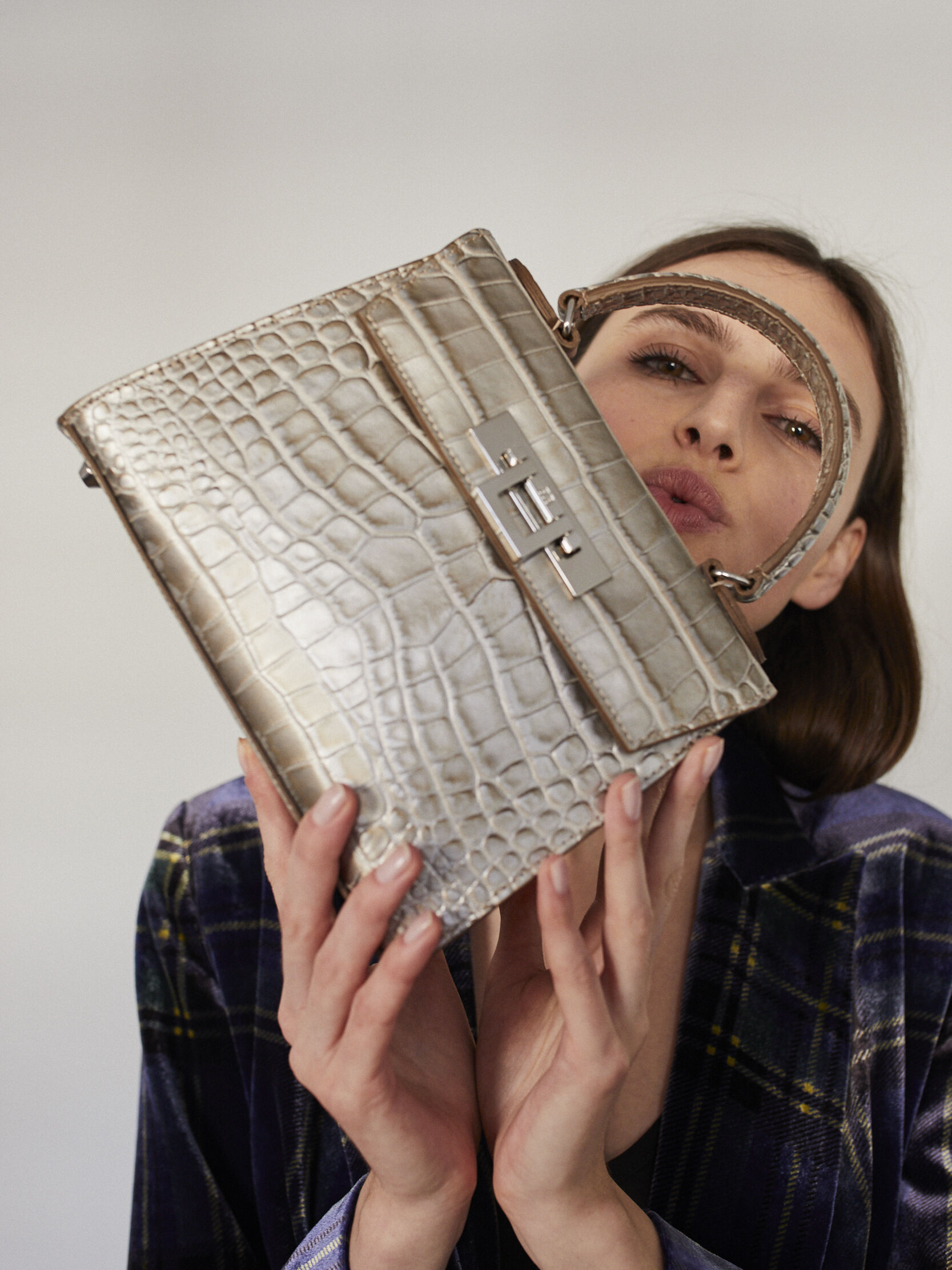 Fonteyn Midi Orinoco 'Croc' Print Calf Leather Handbag - Silver