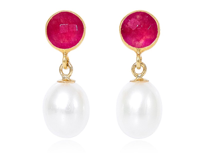 Ruby Quartz and Freshwater Pearl - Drop Earrings